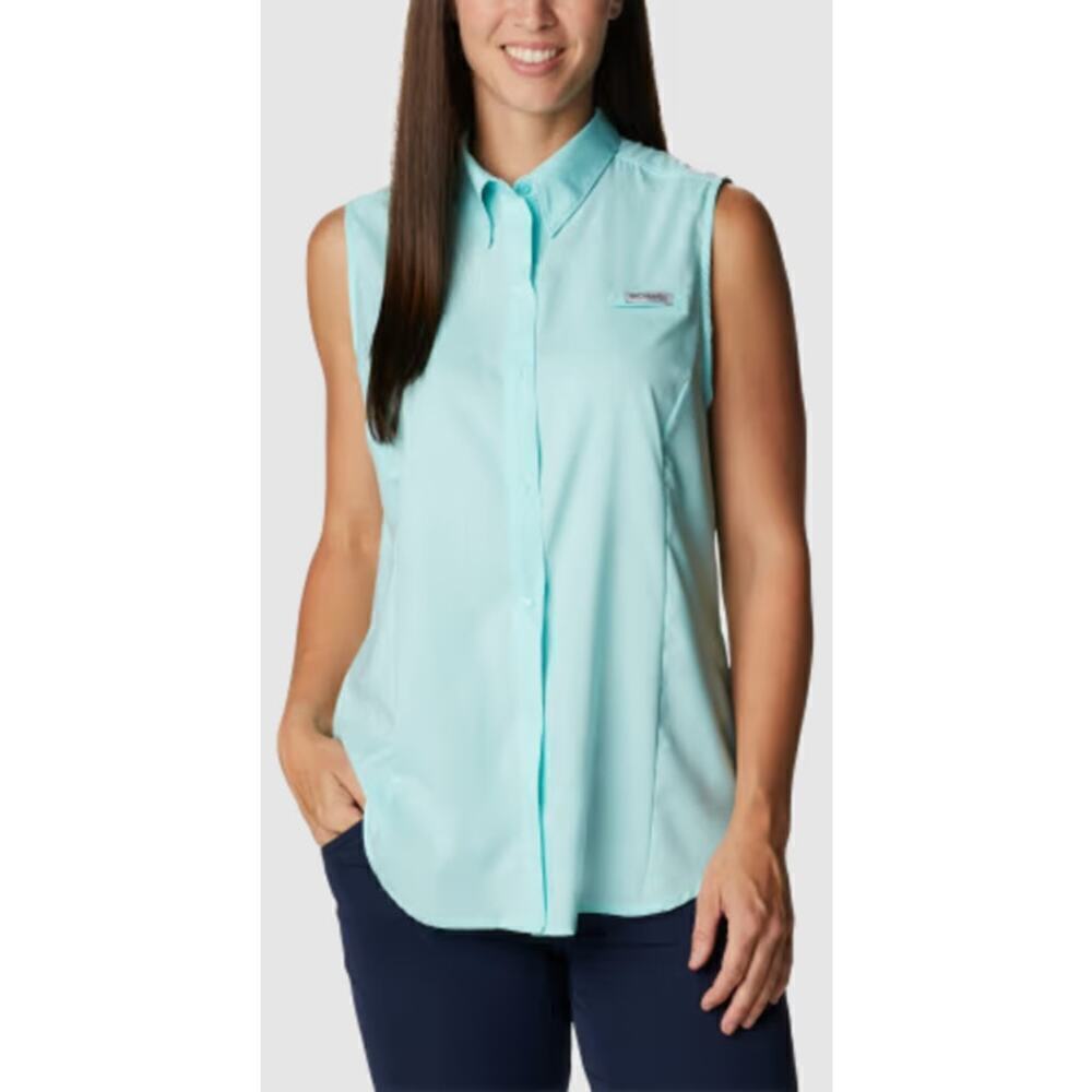 Columbia Women's PFG Super Tamiami Omni Shade Vented Sleeveless Shirt Teal Small